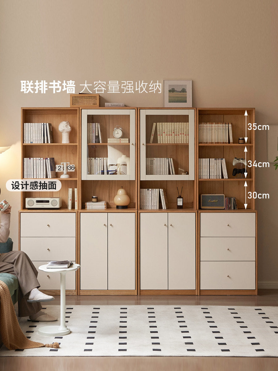 实木组合书柜原木奶油风靠墙储物收纳柜橡木落地书架